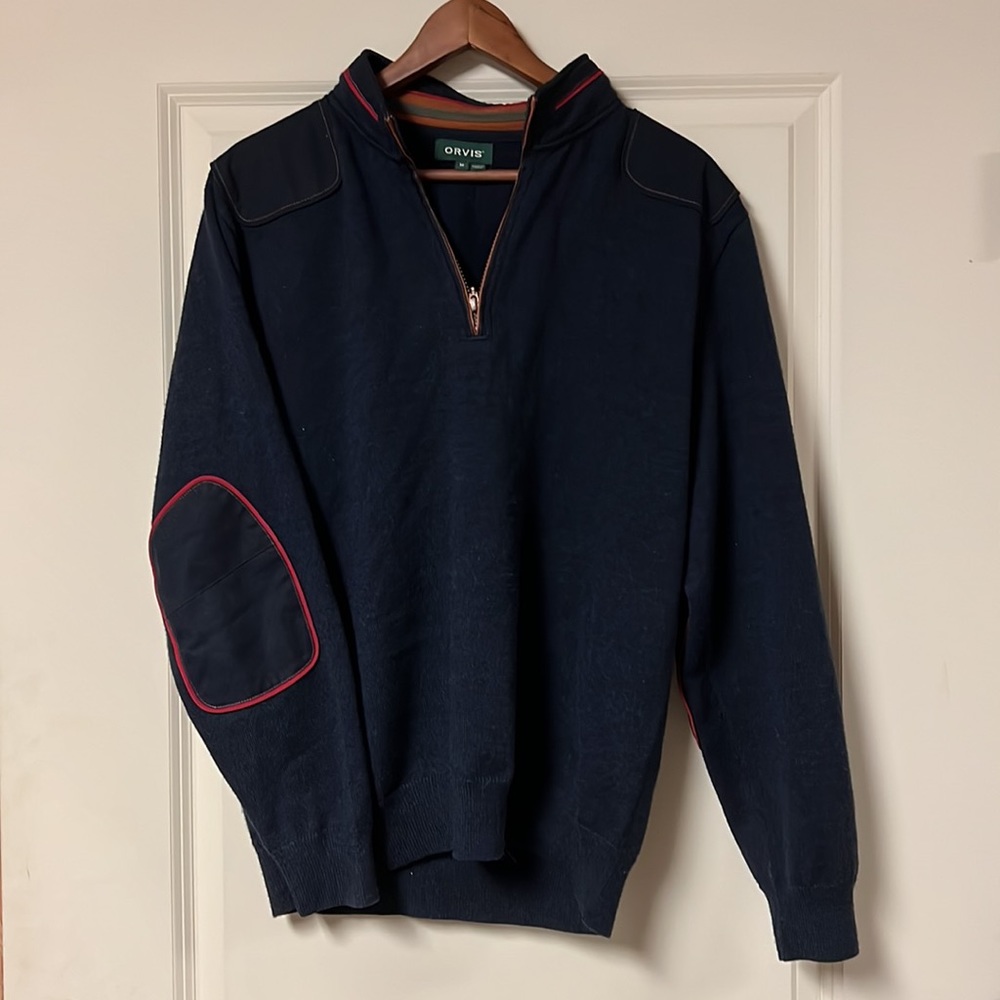 Orvis Men's Blue Wool Knit Quarter Zip Pullover Elbow Patch Sweater